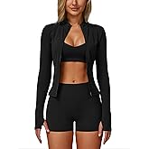3 Piece Workout Sets for Women High Waisted Seamless Shorts Crop Top Jacket Gym Yoga Outfit Stretchy Sports Bra Set