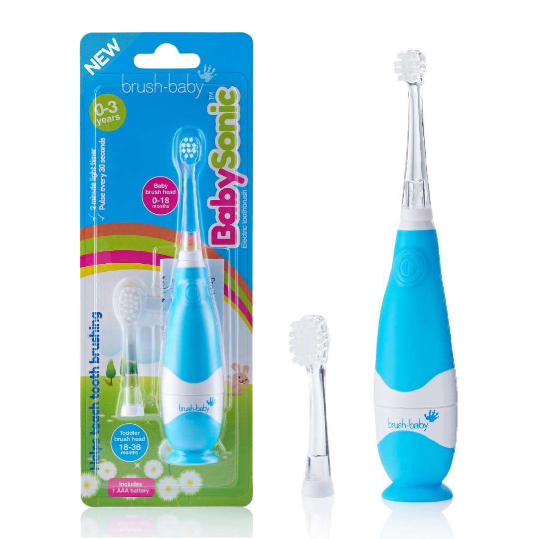 Brush-Baby - BabySonic Blue Electric Toothbrush, 0-36 Months - Soft, Gentle Vibrating Toothbrush for Sensitive Gums & New Teeth - with LED Light & Suction Base - Baby & Toddler Brush Heads