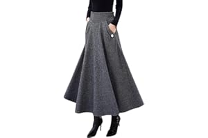 IDEALSANXUN Women’s Fall Winter High Waisted Wool Plaid A-line Long Skirt