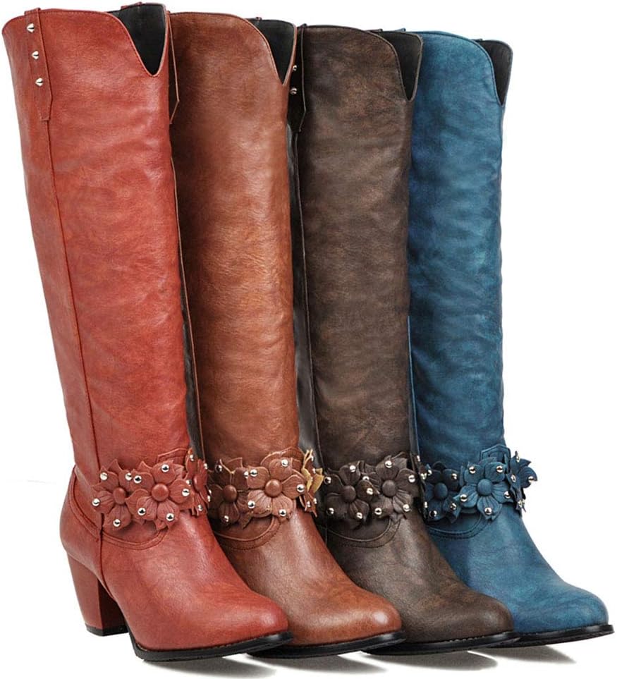 Women's Vintage Knee High Boots, Pull On Block Mid Heel Wide Calf Western Cowboy Cowgirl Boots
