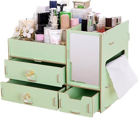Amazon ドリーマー メイクボックス 組み建て式 Diy 木製 コスメケース 小物収納 化粧道具入れ おしゃれ 3段 仕分け 基礎化粧品入れ 美容 機能的 カラー付き 鏡 卓上 テーブル 引出し ティッシュボックス付き グリーン 収納用品 オンライン通販