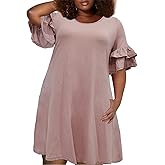 Nemidor Plus Size Casual Dresses for Curvy Women Summer Ruffle Sleeve T-Shirt Swing Mini Dress with Pocket 14-26
