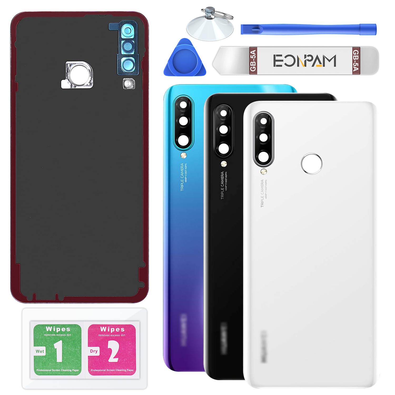 Eonpam Back Cover Glass for Huawei P30 Lite Rear Glass Replacement with Camera Lens + Repair Kit Genuine Rear Housing (Pearl White)