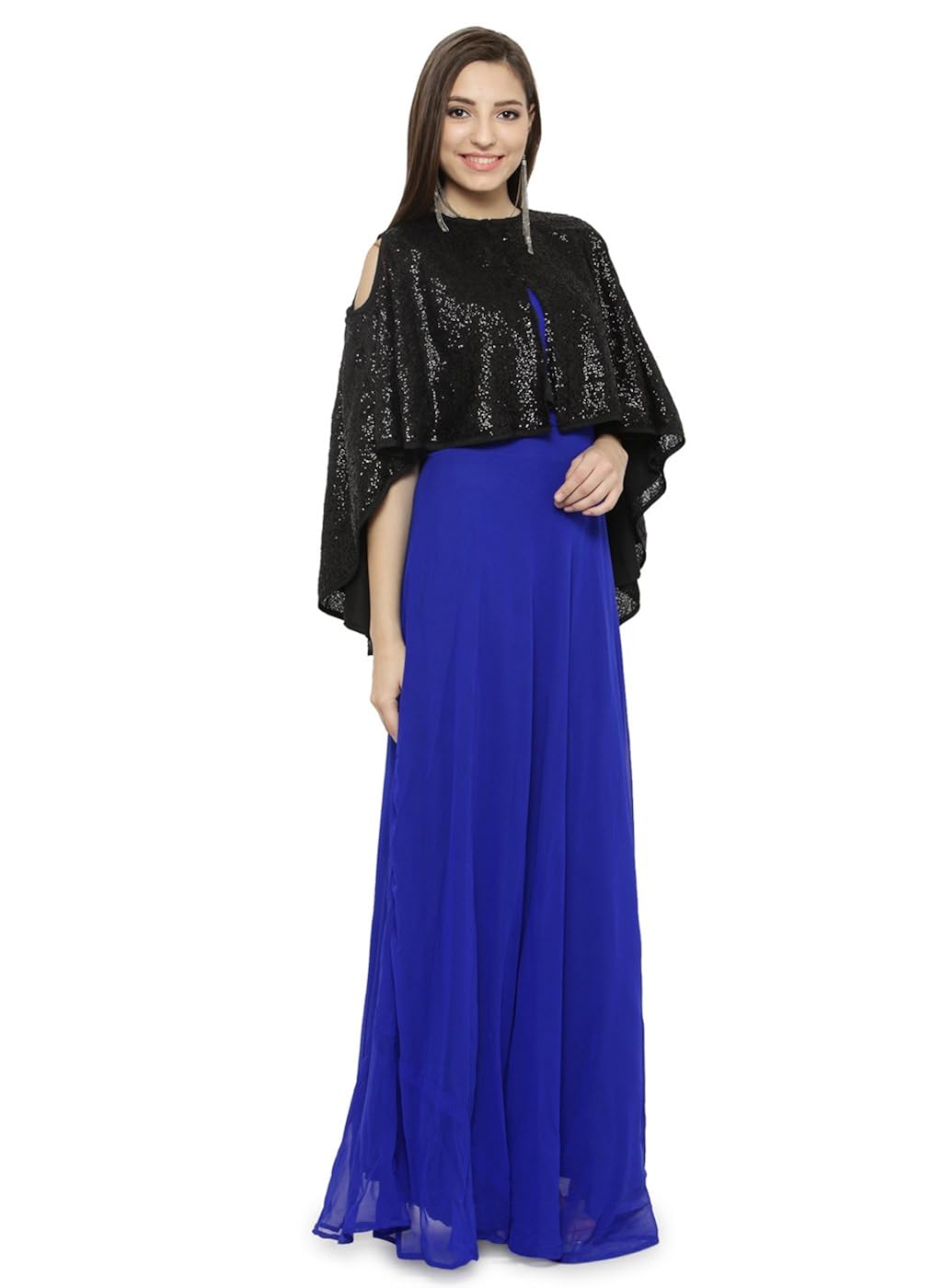 just wow royal blue & black poly georgette women's dress