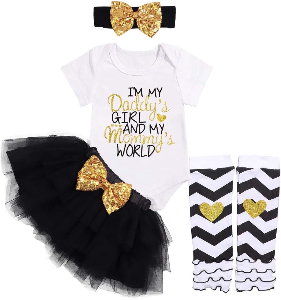 Newborn Baby Girl Clothes Daddy Mommy Short Sleeve Bodysuit Tulle Sequin Tutu Skirt with Headband Legging 4PC Outfit Set