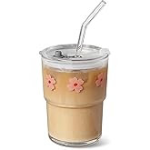 Olvini 13oz Glass Tumbler with Straw and Lid, Reusable Iced Coffee Cup Tumbler, Cute Glass Cups for Water, Matcha, Travel Coffee Mugs (Pink Flower)