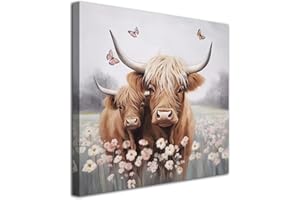 Anolyfi Bathroom Highland Cow Canvas Wall Art Rustic Flower Farmhouse Picture Animal Landscape Painting Abstract Textured Artwork Framed for Bedroom Living Room Kitchen Office Home Decor 20"x20"