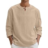 Men's Linen Shirts Casual Long Sleeve Pleated Front T-Shirt Button Henley Collared Loose Lightweight Pullover Top Khaki
