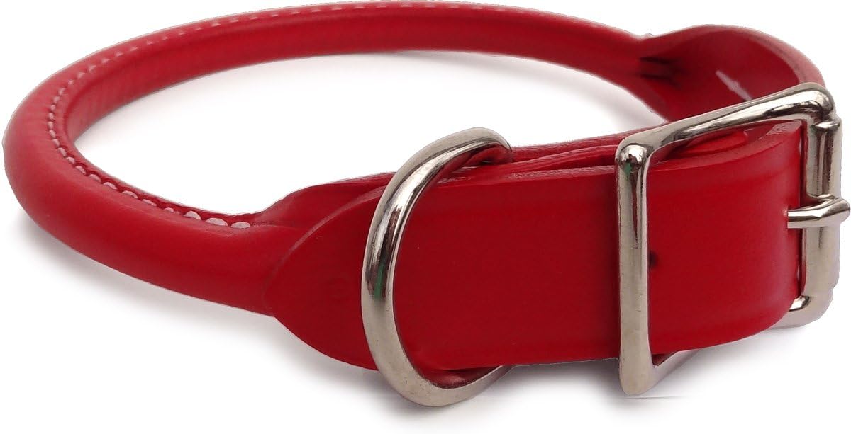 Rolled Leather Dog Collar - Red - 10