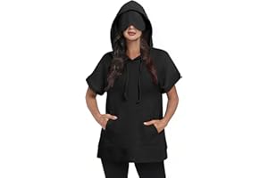 Kimmery Travel Hoodie with Eye Mask Women Short Sleeve Oversized Sweatshirt Pullover with Pocket for Airplane Naps