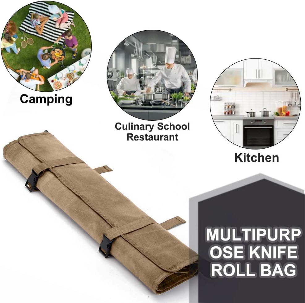 Chefs Knife Bag(11 Slots), Knife Roll for Kitchen Knife Tools Up To 18.8”, Heavy Duty Waxed Canvas Japanese Knife Set Case, Portable Travel Tool Roll Pouch for Meat Cleaver, Knife Sharpener: Kitchen & Dining