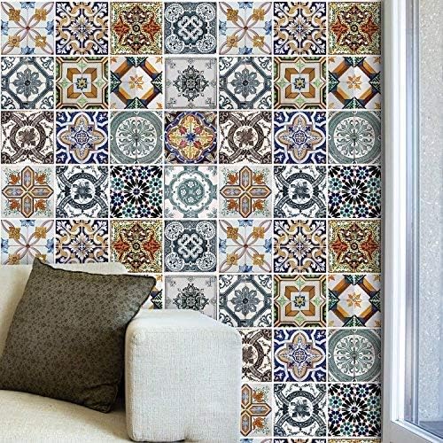 WALPLUS 12Sheets 54x54cm Wall Stickers Mediterranean Tiles Mural Art Removable Self-Adhesive Decals Vinyl Nursury Living Room Bedroom Decors Home DIY Stick on Wall Hotels Café Office Decorations - Image 3