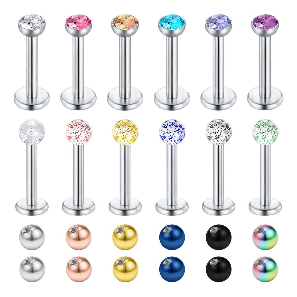 Longita 3mm Ball CZ 16G Stainless Steel Labret Monroe Lip Tragus Helix Earring Stud Barbell Piercing Jewelry Replacement Balls Bar Length 6mm/8mm