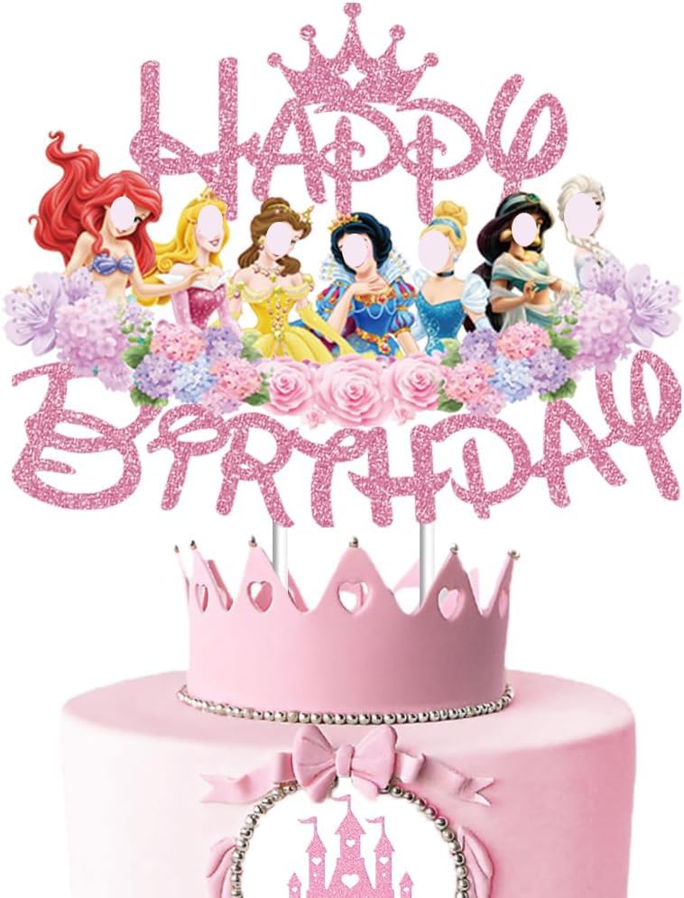 Princess Cake Topper for Girls - Pink Glitter Birthday Decoration Theme Party Supplies