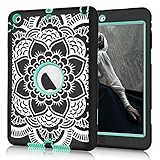 Hocase Double Layer Rugged Hard Rubber Case for Apple iPad Mini / 2 / 3 - Black Flower / Mint Green