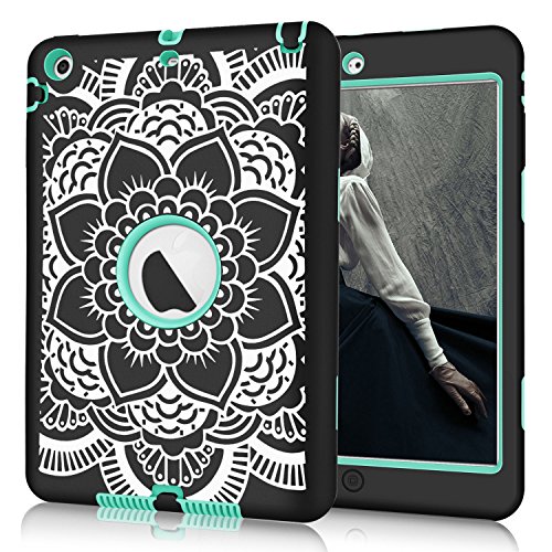 Hocase Double Layer Rugged Hard Rubber Case for Apple iPad Mini / 2 / 3 - Black Flower / Mint Green