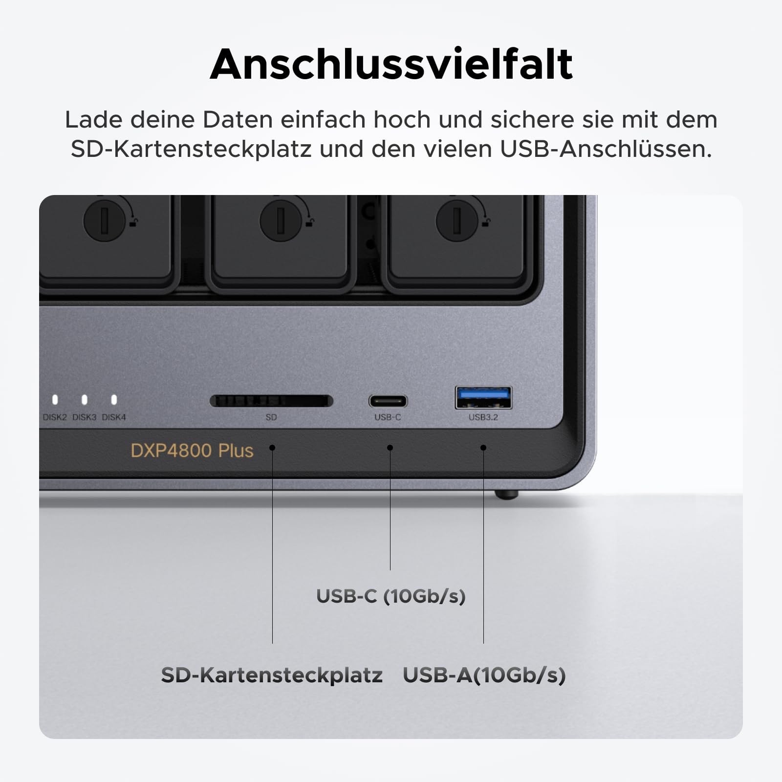 UGREEN NASync DXP4800 Plus 4-Bay Desktop NAS, Intel Pentium Gold 8505 5-Core CPU, 8GB DDR5 RAM, 128G SSD, 1 * 10GbE, 1 * 2,5GbE, 2*M.2 NVMe-Steckplätze, 4K HDMI, Network Attached Storage (Diskless) 6