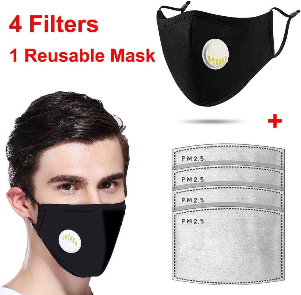 Dust Mask with 4 Replaceable Pm2.5 Filters, Professional Anti Pollution Face Masks, Breathable Respirator Reusable Valve Mask, Washable Mouth Mask Comfortable Adjustable for Men and Women Black
