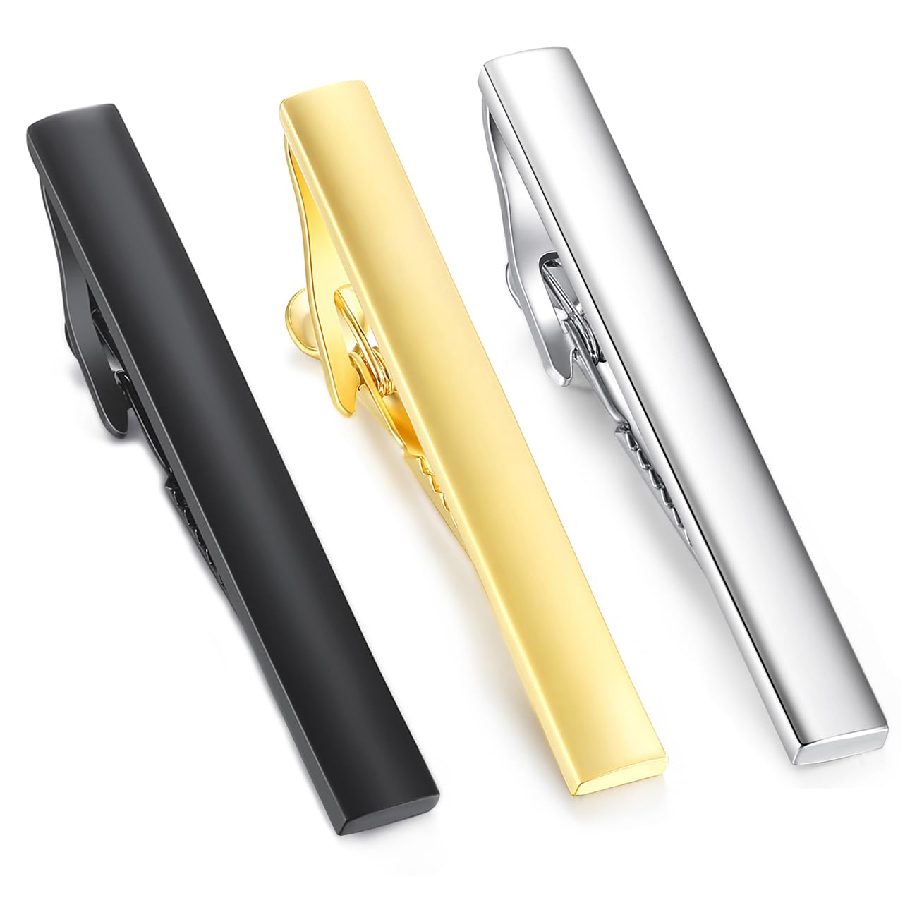 HONEY BEAR 2.12" 3pcs Set Mens Tie Clips Set Tie Bar for Normal Size Tie for Business Wedding Gift,5.4cm (Shinny Silver+Black+Gold with box)