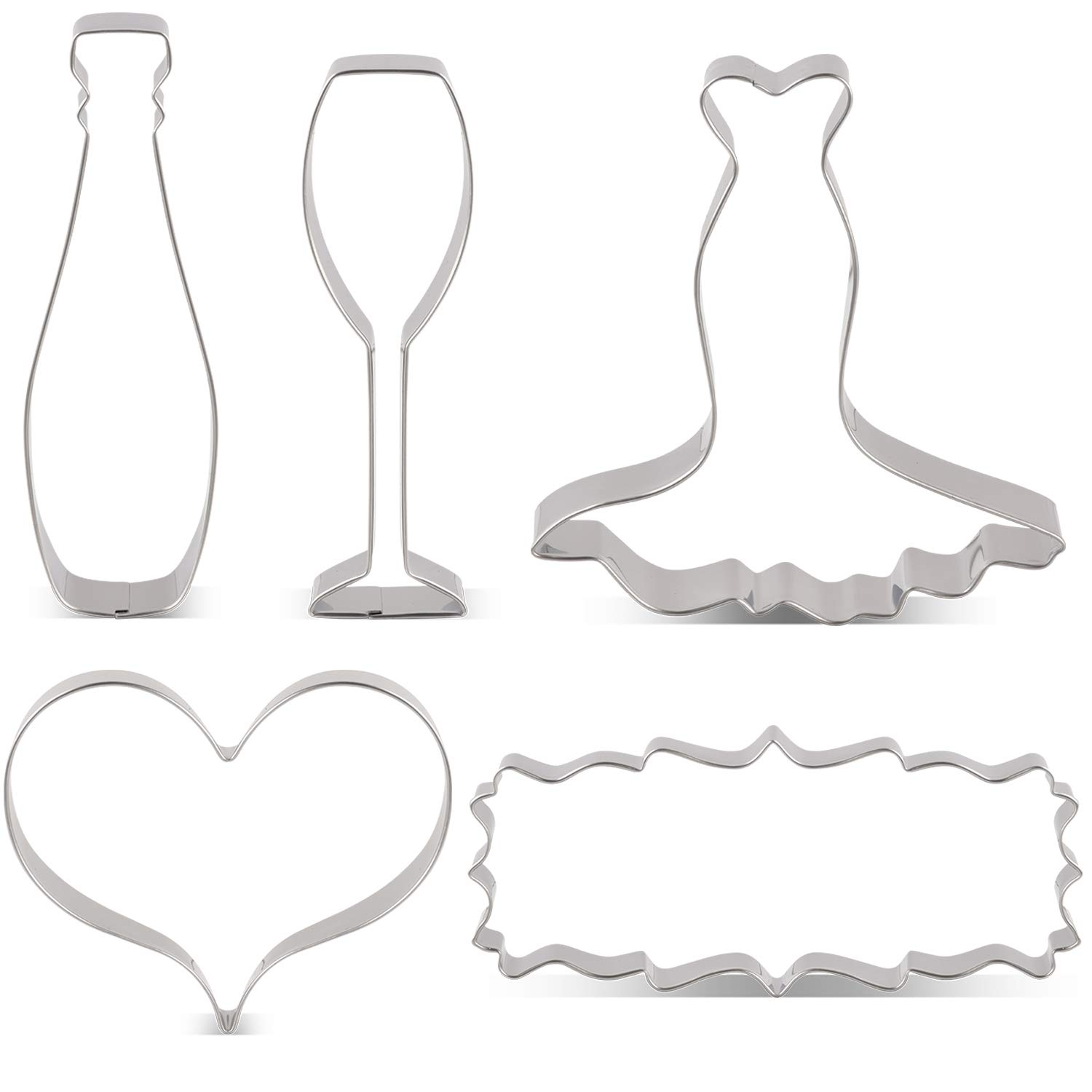 LILIAO Wedding Cookie Cutter Set for Anniversary/Bridal/Engagement - 6 Piece - Wedding Diamond Rings, Heart, Wedding Dress, Plaque, Champagne and Champagne Glass Fondant Cutters - Stainless Steel