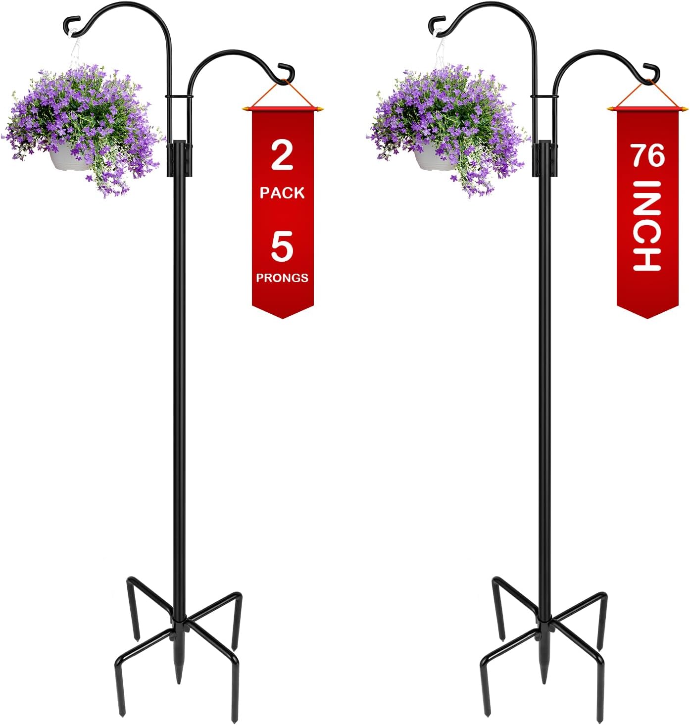 Outdoor Shepherd's Hooks - XDW-GIFTS Double Shepherds Hooks for Outdoor, 2-Pack Heavy Duty Garden Pole for Hanging Bird Feeder, Plant Baskets, Solar Light Lanterns, Garden Plant Hanger Stands with 11 Base Prongs