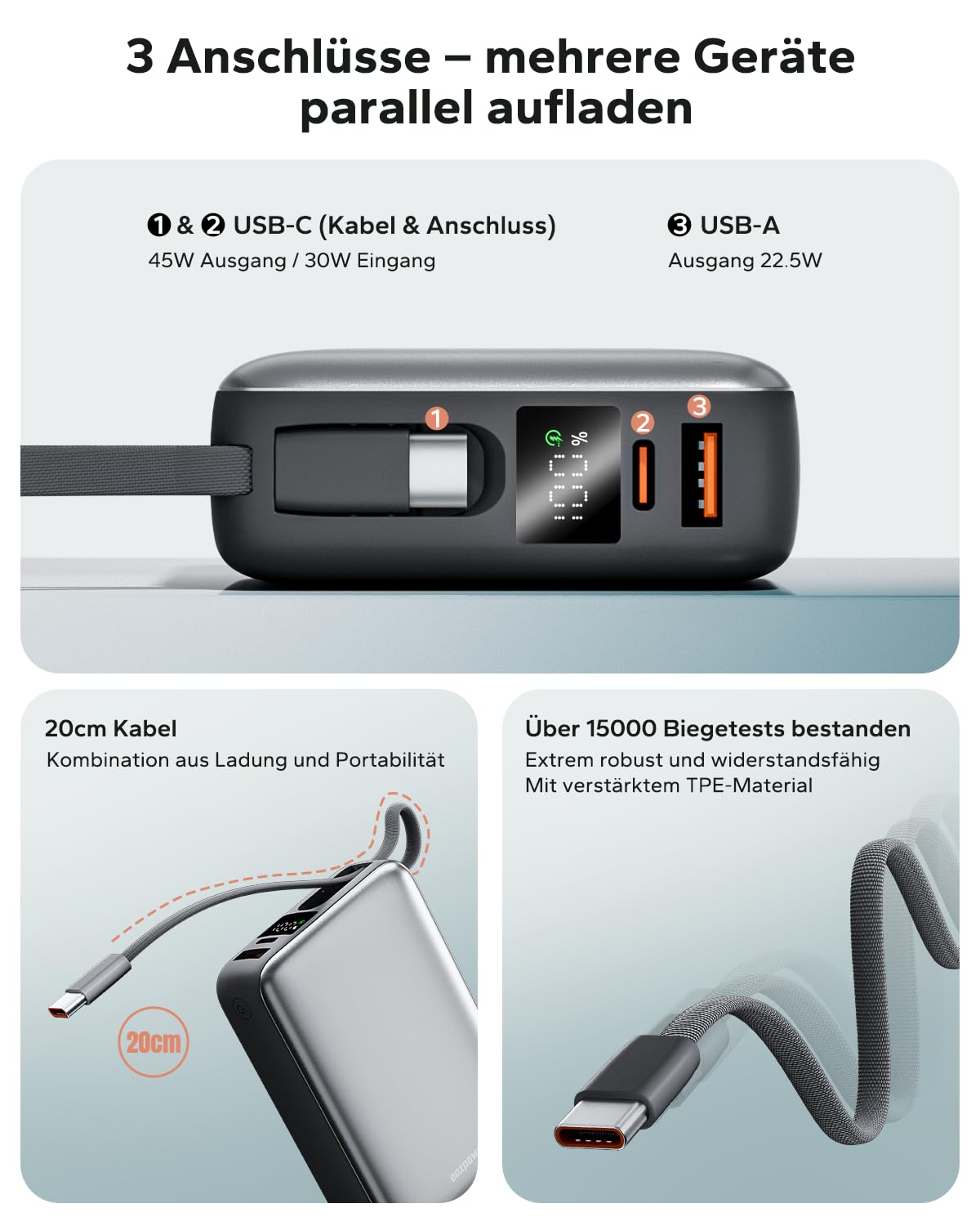 Eazpower Powerbank 45W Schnellladefunktion 20,000mAh mit USB-C Kabel integriert, Externe Handyakkus Leicht Klein Aber Stark für iPhone 17/16 /15 Pro, Samsung S25 Ultra, Xiaomi - Raummetallsilber 5