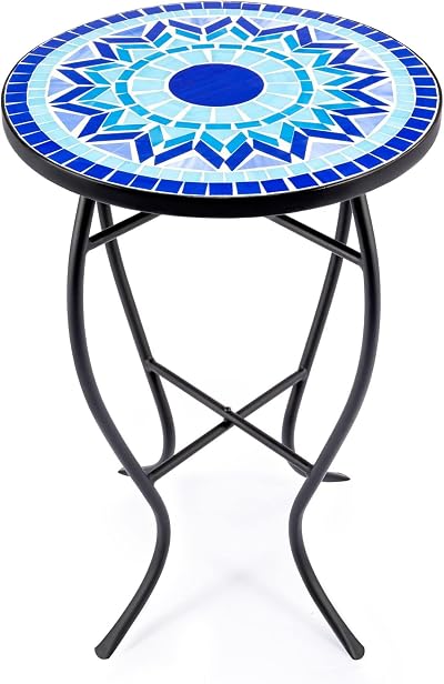 VONLUCE Mosaic Side Table 53.5cm Indoor Outdoor Accent Table Blue Mandala