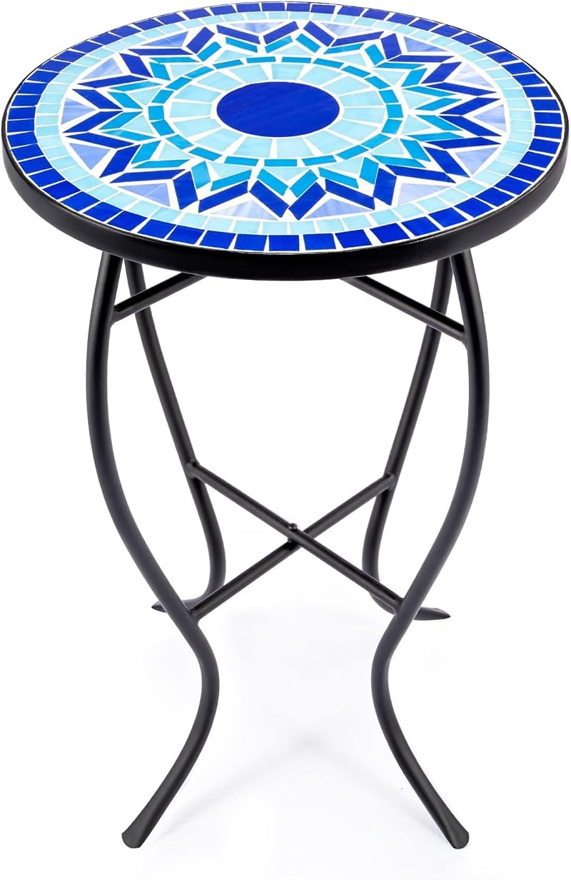VONLUCE Mosaic Side Table 53.5cm Indoor Outdoor Accent Table Blue Mandala