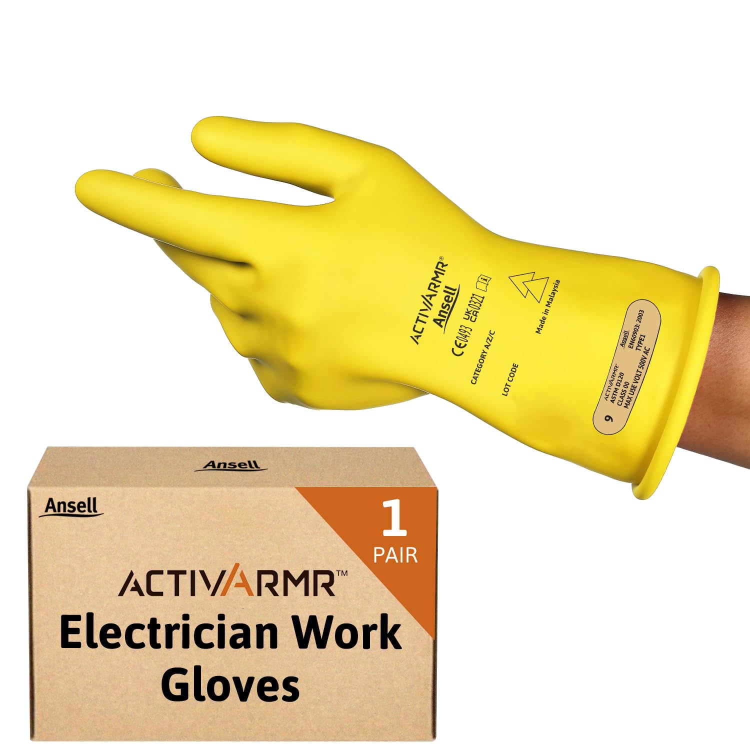 Ansell ActivArmr Electrician Work Gloves, Electrical Protection Class 00 (500V), Insulating Natural Rubber Latex Gloves, Industrial Safety PPE, 11 Inches, Yellow, Size XL (1 Pair) — image 1