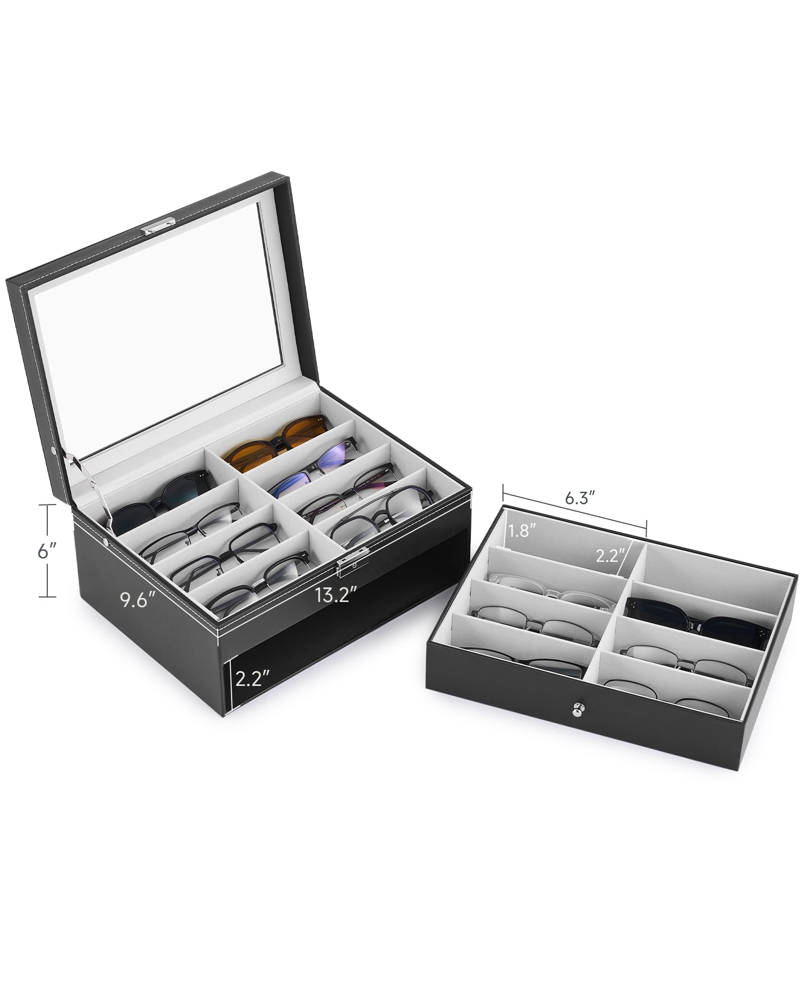 CO-Z 16 Compartment Sunglasses Organizer, Leather Eyeglasses Storage Box for Women Men, Lockable Eyewear Display Case with Drawer, Glasses Holder with 16 Slots for Watches Jewelry Collection, Black