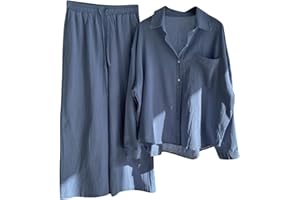 Airport Outfits for Women 2026 Summer 2 Piece Cotton Linen Sets Long Sleeve Buttons Shirts Wide Leg Pants Suits