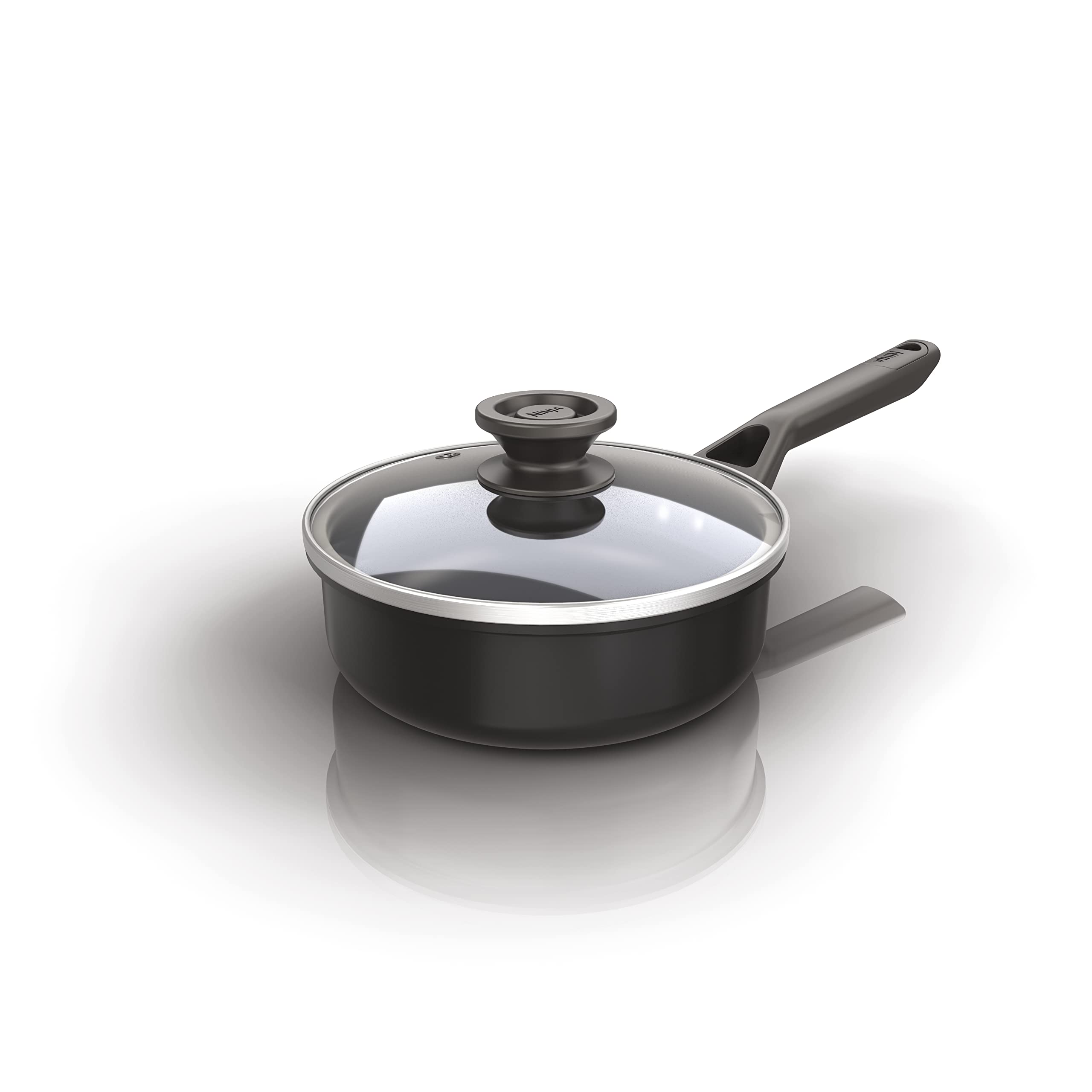 Ninja ZEROSTICK Classic Cookware 16cm Saucepan, Non-Stick, Long Lasting Aluminium Saucepan, Induction Compatible, Oven Safe to 180°C, Glass Lid, Black CW50216UK
