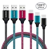 USB Certified Type C Cable - EVISTR 3PACK 10FT Charging Cable for Smartphones, Nylon Braid USB C Charger Sync Data Cord for Samsung Galaxy S9 S8 Note 8,Pixel,LG V30, ZTE Axon, Nintendo Switch and More