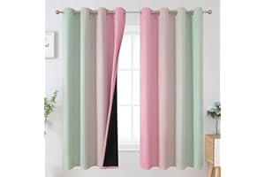 Estelar Textiler Ombre Sage Green and Pink Blackout Curtains 63 Inch Length 2 Panels for Playroom, Gradient Thermal Insulated Full Light Blocking Grommet Blackout Drapes for Kids Room, 52Wx63L