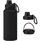 Aiivow Black 32 oz Insulated Water Bottle, Large Metal Stainless Steel Water Flask, Big Sports Travel Mens Water Bottle for Gym,Hiking,1 liters Leakproof Insulated Thermal Bottle with 2 Lids