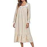 Viakeo 100% Cotton Nightgowns For Women Victorian Night Gown Long Sleeve House Dress With Pockets S-3XL Beige