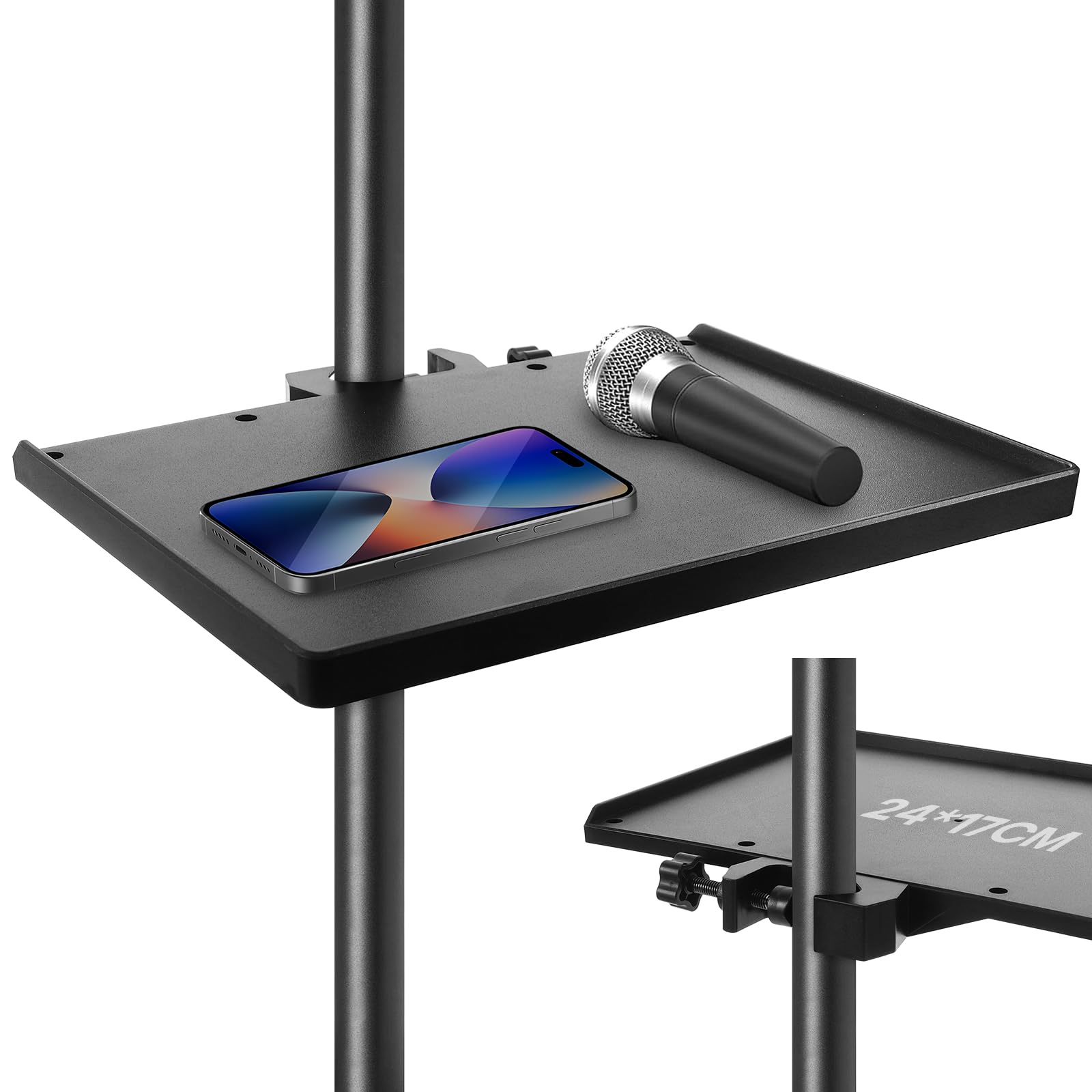Milisten Mic Stand Phone Holder: Adjustable Microphone Stand Tray Removable Desktop Mic-Stand Clamp On Rack Tray Holder for Live Streaming, Recording, Stage Performances-24 * 17CM