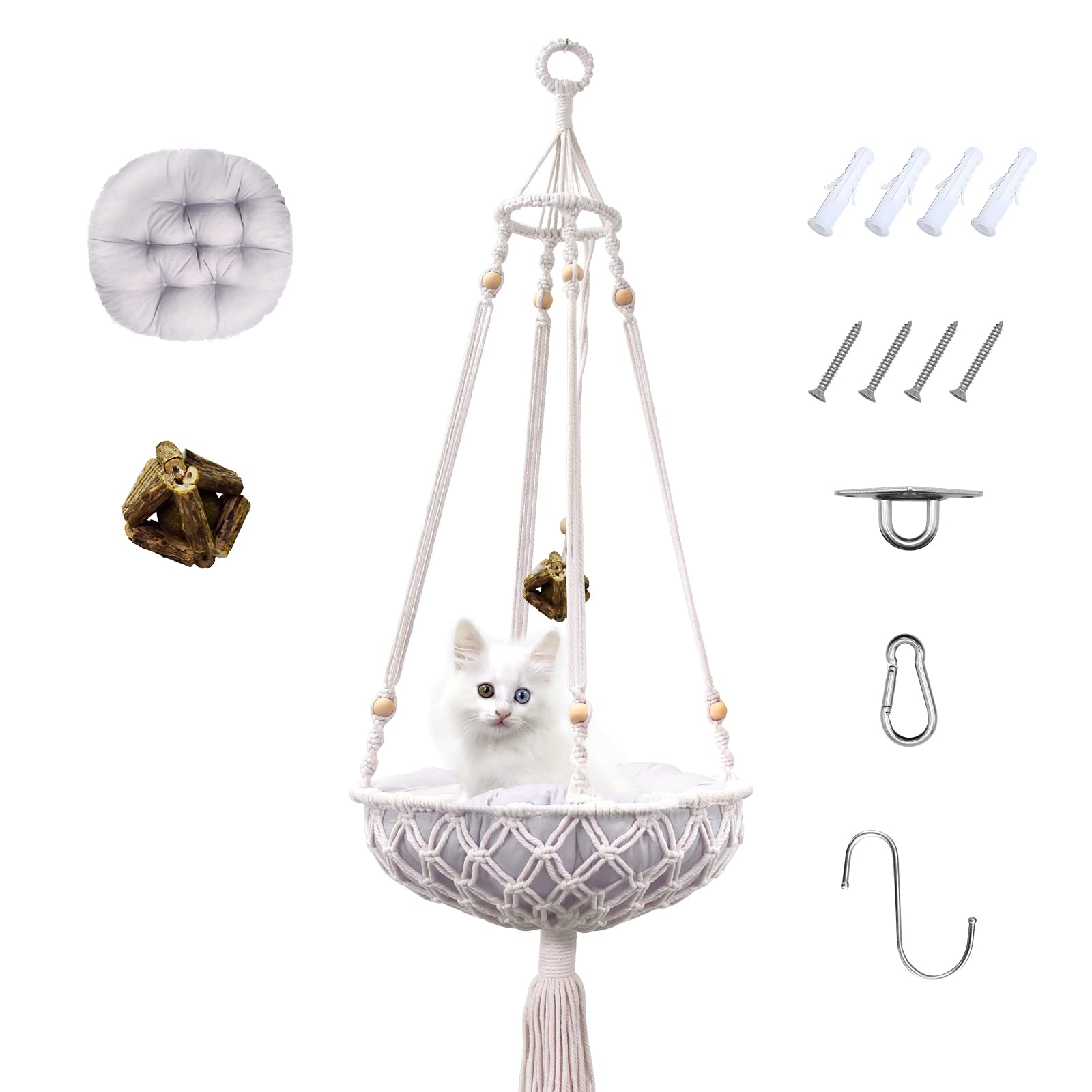 VAESCOL Macrame Cat Hammock, Boho Cat Swing with Hanging Kit for Indoor/Outdoor Home Decor - Hang on Wall for Sleeping, Playing, Climbing and Lounging