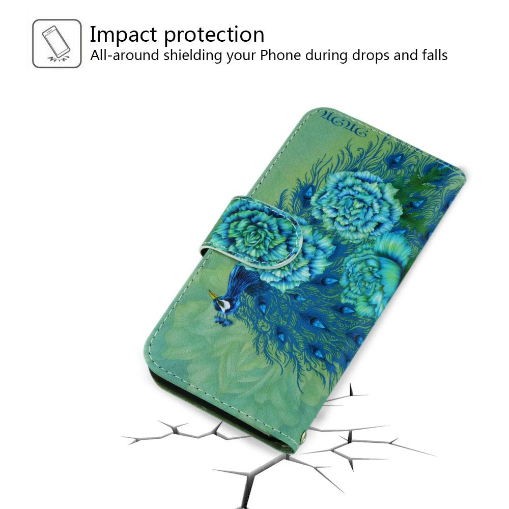 Urbeutyke Huawei Mate 20 Wallet Case, Huawei Mate 20 Case, Premium PU Leather Flip Folio Case Cover with Wrist Strap, Card Holder, Cash Pocket, Kickstand for Huawei Mate 20 - Green Peacock
