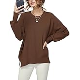 Haujemea Womens Oversized Pullover Sweaters Batwing Sleeve Crew Neck Side Slit Knit Ribbed Fall Sweater Tops(Coffee-L)