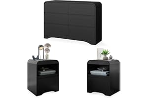 SOLACE FURNITURE 3 Piece Bedroom Set, Dresser and Nightstand Sets for Bedroom, Wood 6 Drawer Dresser & Night Stand Set of 2, Wide Chest of Drawers Modern Storage Cabinet Bedroom Furniture Set, Black