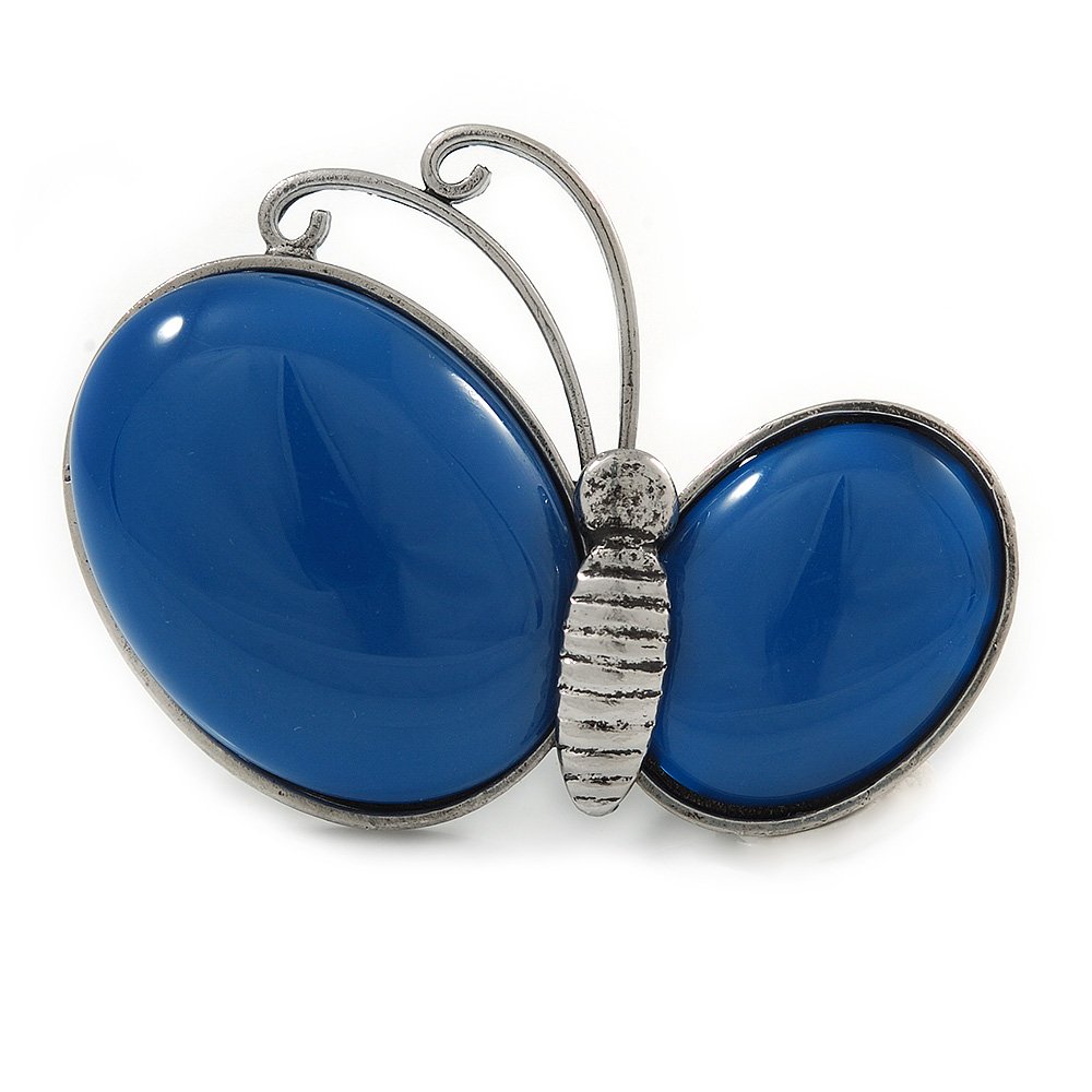 Royal Blue Ceramic Asymmetric Butterfly Brooch/Pendant In Antique Silver Tone Metal - 65mm