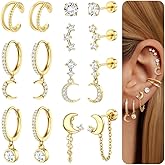 Dochais Flat Back Cartilage Earrings for Women Trendy Dainty CZ Flatback Studs Earing Sets 14k Gold Plated Hypoallergenic Huggie Hoops Earring Stacks for Multiple Piercing