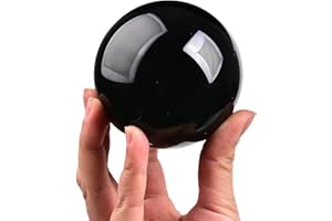 JIC Gem Small Black Crystal Ball - Obsidian Sphere with Wooden Stand for Feng Shui Healing, Meditation (70-80mm)