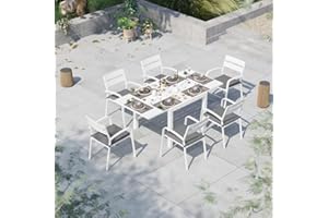 Soleil Jardin 7-Piece Outdoor Patio Dining Set, 35" - 71" Aluminum Expandable Outdoor Dining Table Set for 6, 6 Stackable Chairs with Gray Removable Cushions, White