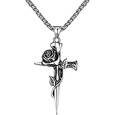 Vintage Cross Pendant Necklace for Men Women Rose Flower Necklace Stainless Steel Gothic Punk Jewelry,Personalized Rapper Bike Necklaces with 24 Inch Chain