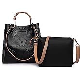 Travistar Floral Handbags Purses Women - Embossed Leather Top Handle Handbag Set Large Shoulder Bag Ladies Bucket Hobo Tote