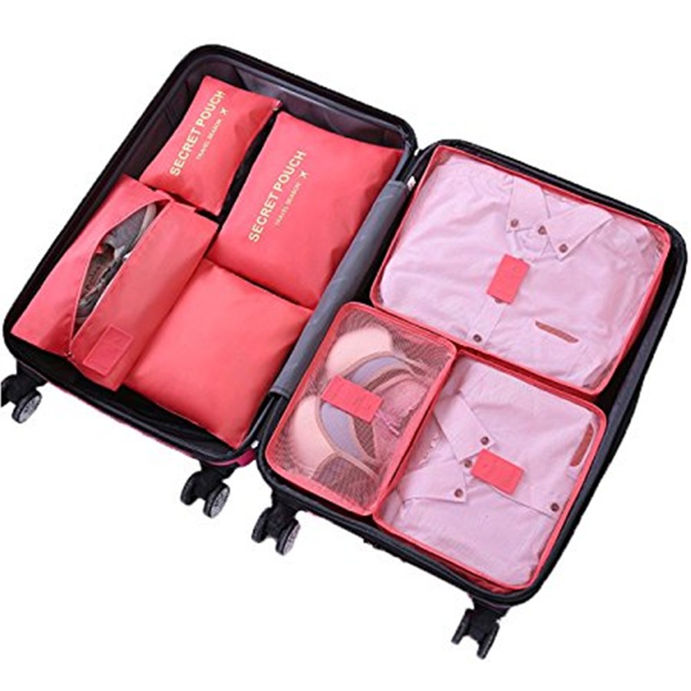 7Pcs Travel Storage Bags Clothes Packing Cubes Luggage Organizer Pouch, A-red, 7 Set