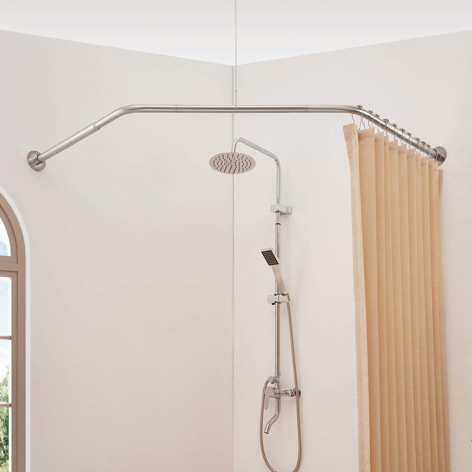 Photo 1 of *MISSING PARTS*
Mirooyu Corner Shower Curtain Rod, Diamond Shaped [Both Sides: 22"-34.8", Middle: 28"-43.7"] Heavy Duty NEO Angle Shower Curtain Pole for Bathroom Bathtub with 12 Hooks & Ceiling Support