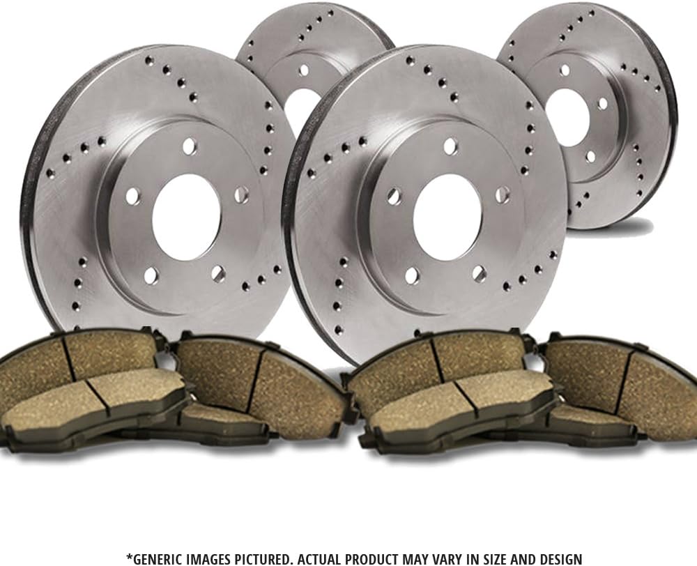 (F+R Full Kit)4 Heavy Duty Cross Drilled Extra-Life Premium Disc Rotors + 8 Ceramic Pads(5lug)-Combo Brake Kit